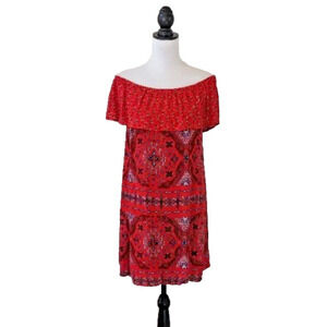 Y2K Red Bandana Dress Small Off the Shoulder Short Flowy Boho Western Cowgirl